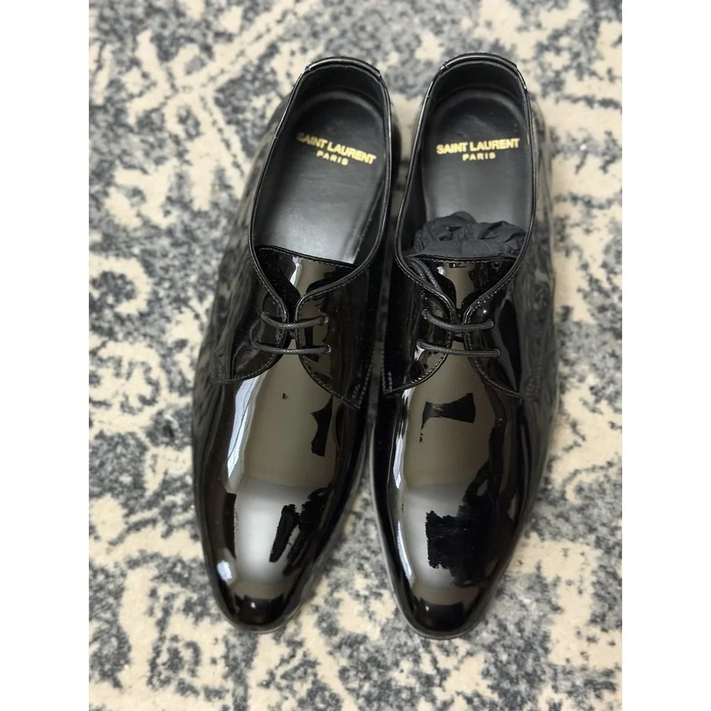 New SAINT LAURENT Paris Black Patent Leather DEVON 25 DERBY